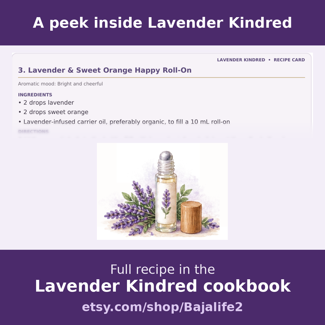 Teaser of a recipe page from the Lavender Kindred cookbook: Lavender and Sweet Orange Happy Roll-On, with an illustration of a roll-on bottle and lavender sprigs