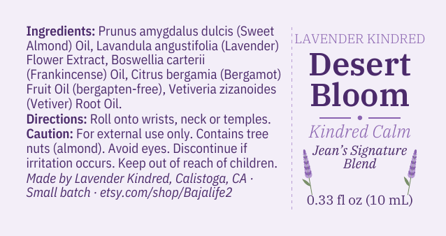 Desert Bloom roll-on label: Lavender Kindred, Kindred Calm, Jean's Signature Blend, 0.33 fl oz (10 mL), with ingredients and directions
